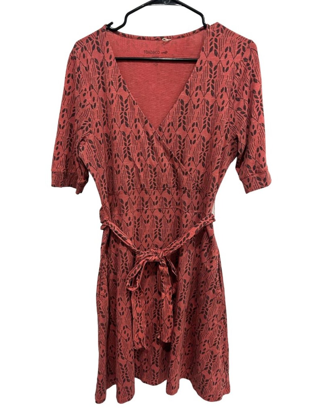 Toad&Co Large Red Leaf Print Wrap Dress Tie Belt Pockets Naturecore Cottagecore